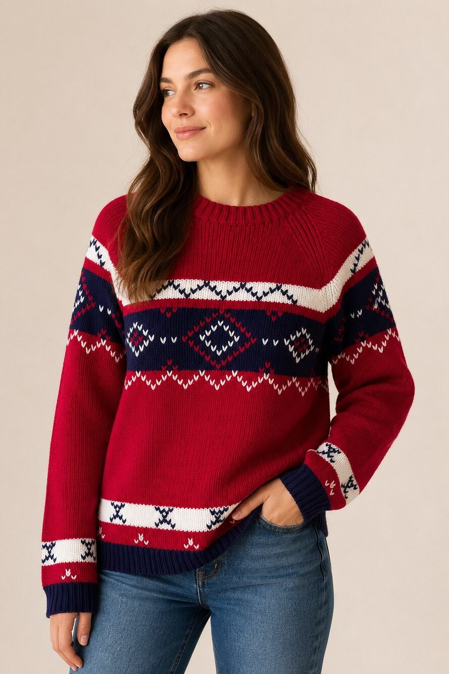Vintage 1980s JCPenney Fair Isle Knit Sweater Red Navy White